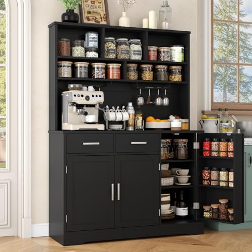 Tall Pantry Cabinet with Darwers, Modern Kitchen Hutch with Microwave Stand | Kitchen Pantry Storage Cabinet with Door Shelf, Food Pantry with Goblet Holders & Adjustable Shelves for Dining Room, Black - color: Black-goblet Holders