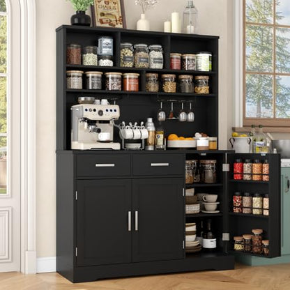 Tall Pantry Cabinet with Darwers, Modern Kitchen Hutch with Microwave Stand | Kitchen Pantry Storage Cabinet with Door Shelf, Food Pantry with Goblet Holders & Adjustable Shelves for Dining Room, Black - color: Black-goblet Holders