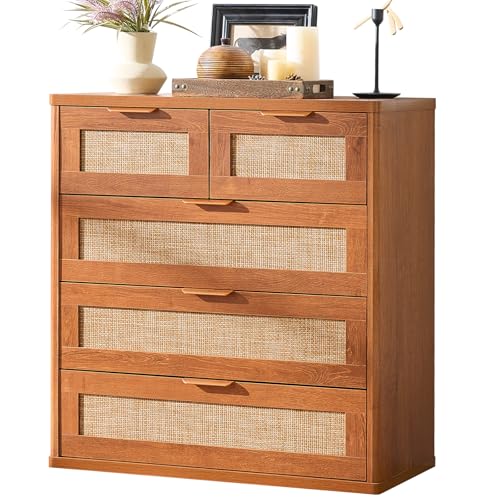 LEYAOYAO Rattan Dresser for Bedroom, 33.5" Small Chest of Drawers | Gold Metal Handle, Modern 5 Drawers Boho Dressers with Storage for Living Room, Hallway - color: Tea Brown, size: 15.5"D x 31.5"W x 33.5"H (5 Drawers)