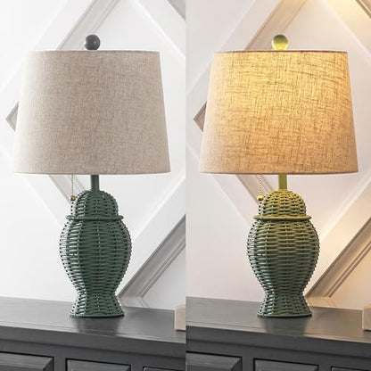 JONATHAN Y 20.5" Wicker Table Lamp, Green with Beige Shade, Set of 2 | Margie Bohemian Rustic Farmhouse Coastal Urn Rattan Metal, Pull Chain Switch, Linen, LED Bulbs Included - color: Green