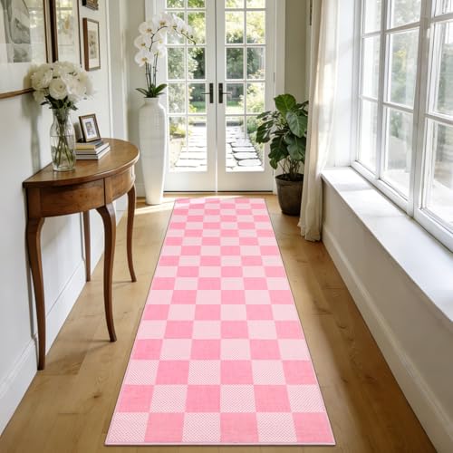 GarveeHome Checkered Pink 2x6 Washable Kitchen Runner Rug Low-Pile Entryway | Pink and White Small Area Rug for Hallway Bedroom Bathroom Non-Slip Stain Resistant Geometric Rugs TPE Backing - color: Blush Pink, size: 2' x 6' (Rectangular)