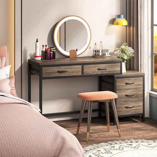 Tribesigns Computer Desk with 5 Drawers, Reversible Home Office Desks | Small Desk with Drawer Cabinet Printer Stand, PC Desk with Storage, Grey Study Writing Table Workstation for Small Spaces - color: Grey