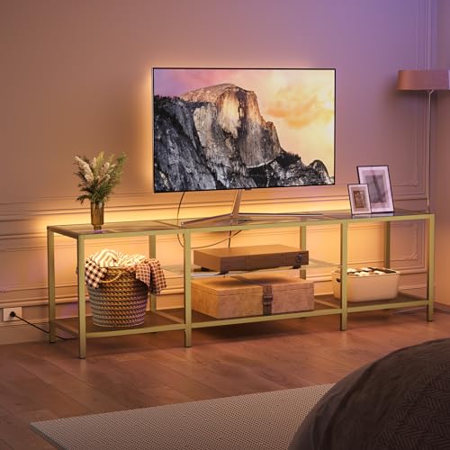 HOOBRO TV Stand with LED Lights and Power Outlets for TVs up to 75", Modern 70.9 Inch Tempered Glass TV Console Table with Open Shelves, Media Entertainment Center for Living Room, Gold GD185UDS01 - size: 70.9 Inch