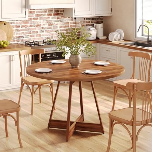 LITTLE TREE 39 Inches Round Dining Table for 2-4, Farmhouse Circle Kitchen Table for Dining Room, Wooden Dinner Table with Heavy Duty Pedestal, Small Bistro Table for Restaurant, Brown