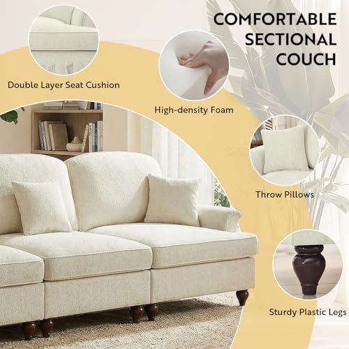 Modular Sectional Sofa Couch, Comfy Chenille Sofa with Removable Ruffled Skirt, Flared Armrests, Sturdy Legs, Convertible 3-Seat for Living Room, Bedroom, Apartment (Beige) - color: Beige, size: 107.1 Inch