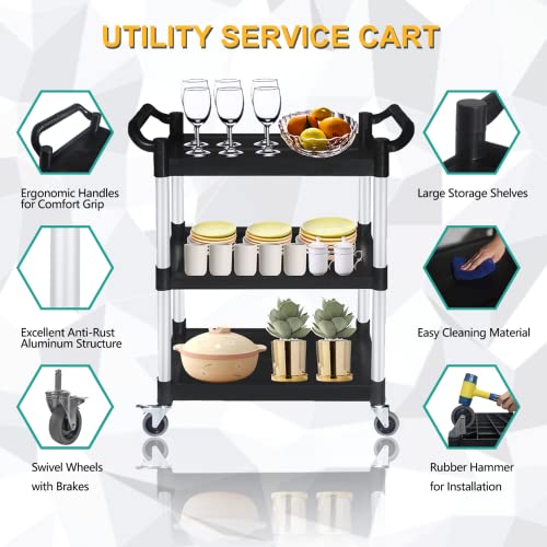 PELOEMNS Plastic Utility Carts with Wheels, Heavy Duty 510lbs Capacity Rolling Service Cart, 3-Tier Restaurant Food Cart with Hammer for Office, Warehouse, Garage (Lockable Wheels, Black)