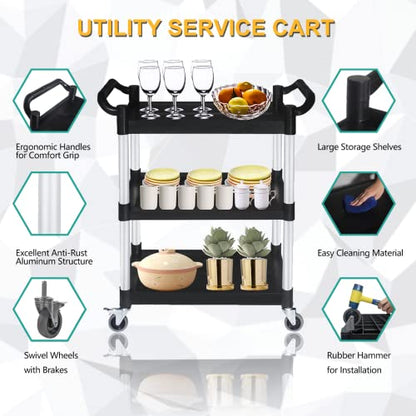 PELOEMNS Plastic Utility Carts with Wheels, Heavy Duty 510lbs Capacity Rolling Service Cart, 3-Tier Restaurant Food Cart with Hammer for Office, Warehouse, Garage (Lockable Wheels, Black)