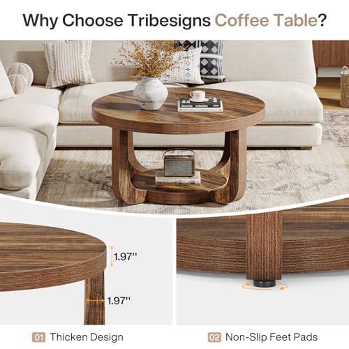 Tribesigns Round Coffee Table, 2-Tier Circle Coffee Table with Storage, Modern Wooden Accent Center Table for Living Room, Thick Tabletop & Base, Dark Brown - color: Brown