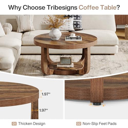 Tribesigns Round Coffee Table, 2-Tier Circle Coffee Table with Storage, Modern Wooden Accent Center Table for Living Room, Thick Tabletop & Base, Dark Brown - color: Brown