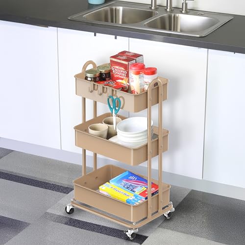 Simple Houseware 3-Tier Heavy Duty Metal Utility Rolling Cart, Khaki - color: Khaki
