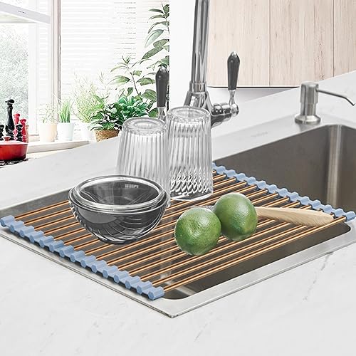 Seropy Roll Up Dish Drying Rack Over The Sink Drying Rack for Kitchen Counter, Rolling Dish Rack Over Sink Mat, Foldable Dish Drainer Stainless Steel Rack Kitchen Organization Gold 17.5"x11.8" - color: Gold, size: 17.5 x 11.8 in