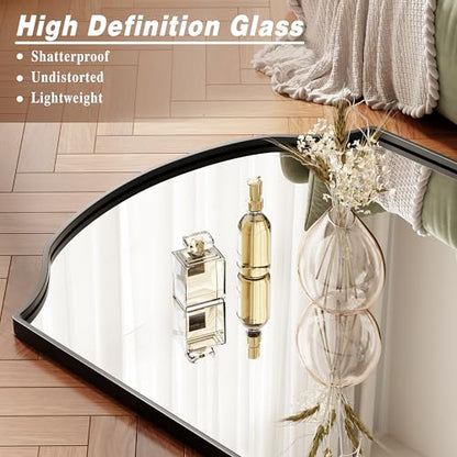 Wave Curved Top Arched Mirror Full Length, 71"x32" Large Mirror | Matte Aluminum Alloy Frame Full Body Mirror, Standing Hanging or Leaning for Bedroom and Living Room, Black - size: 71"L x 32"W