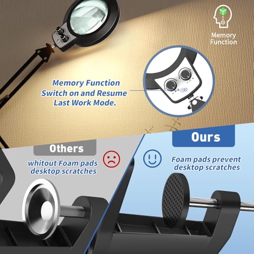HITTI 12X Magnifying Glass with Light, 2026 Infinite Color and Stepless Dimming Desk Large Lamp & Clamp,2-in-1 LED Hands Free Lighted Magnifier for Craft Hobby Soldering(12X Square Base & Clamp) - size: 12X Square Base & Clamp