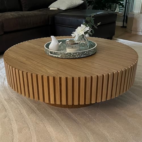 39.37'' Round Coffee Table for Living Room, Modern Wood Nesting Coffee Table Handcraft Circle Fluted Drum Coffee Table, Easy Assembly - color: Oak, size: 39.37"x23.62"x13.42"