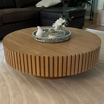 39.37'' Round Coffee Table for Living Room, Modern Wood Nesting Coffee Table Handcraft Circle Fluted Drum Coffee Table, Easy Assembly - color: Oak, size: 39.37"x23.62"x13.42"