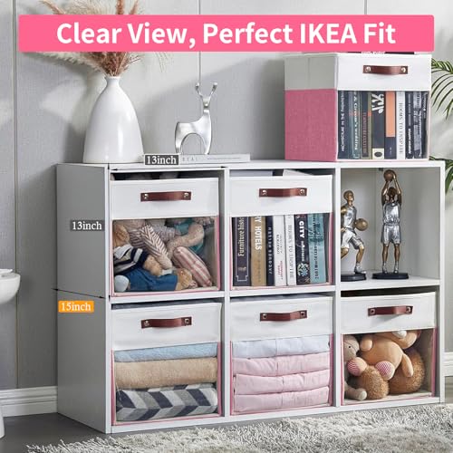 Storage Cubes, 4 Pack Linen Foldable Storage Bins with Clear Window and 2 Handles, 13x15x13 Storage Cube Bins for Shelf Closet, Kallax, Clothes, Books - (Pink / Off-White) - color: Pink / Off-White, size: 13 x 15 x 13