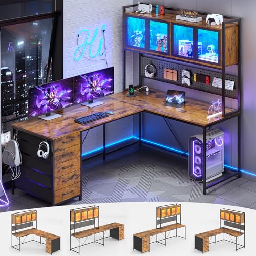 SEDETA L Shaped Gaming Corner Desk with Drawers, Hutch and Storage Shelves | Reversible L Shaped Computer Desk, Gaming Desk with Pegboard, Led Lights, and Power Outlet, Home Office Desk, Rustic Brown - color: Rustic Brown
