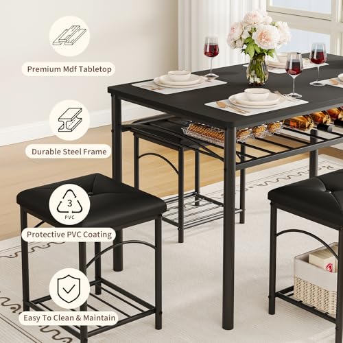 Space-Saving Dining Table Set for 4, Modern Kitchen Dinette with Padded Upholstered Bench & 2 Stools, Anti-Wobble Metal Frame Dining Furniture with Multi-Layer Storage Shelf, Waterproof Wood Grain Tab - color: Brown