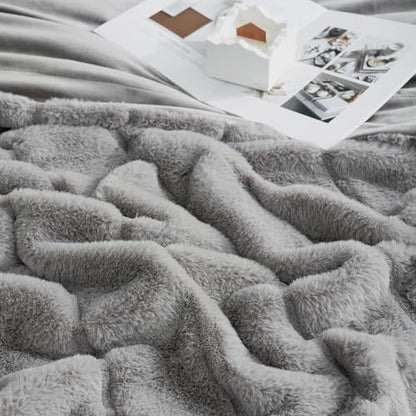 Cozy Bliss Deluxe Sheared Rabbit Faux Fur Throw Blanket, Grey 60"x80" | High-Low Sculpted, Soft Fuzzy, Plush Blanket for Couch, Cozy Home Accent, All Season Use - color: Stripe - Grey, size: Twin(60" x 80")