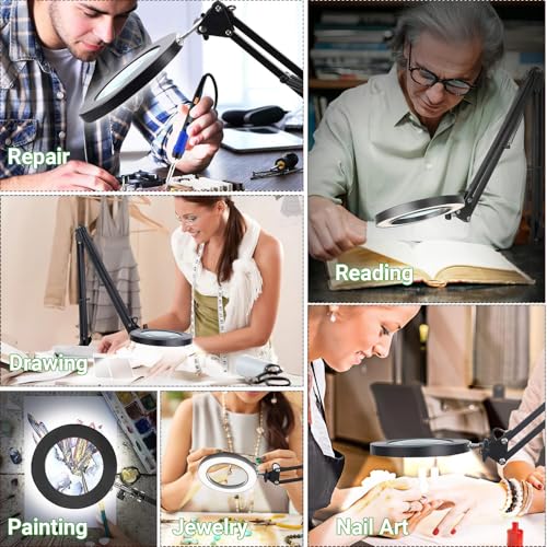 15X Real Glass Lens Magnifying Glass with Light – 3 Color Modes & Adjustable Brightness, Hands-Free Magnifier with Metal Base & Clamp for Crafts, Repair, Reading, Sewing, Painting & Close Work