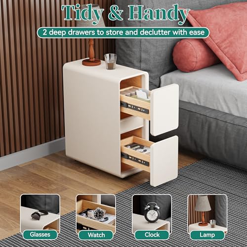 7.8" W Faux Leather Narrow Nightstand, Modern Fully-Assembled Bedside Table with 2 Drawers, Wood Night Stand Small Accent End Table & Side Table for Bedroom, Cream White - color: Cream, size: 8in