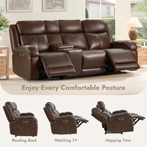 Watson & Whitely Wall Hugger Power Reclining Sofa with Console, Brown | Genuine Leather Recliner Sofa, Power Headrests, Center Storage Console, Cup Holders, 3-Seater Couch, Living Room & RV - color: Dark Brown, style: 3 Seater Sofa (with console)