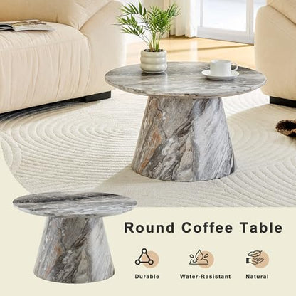 Faux Marble Coffee Table Set of 2, Modern Nesting Tables with Gray and Brown Marble Texture & Sturdy Cone Base, Round Layered Low Profile Accent Tables Ideal for Living Room, APT, Small Space - color: Gray Nesting Coffee Table