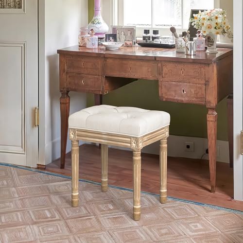 LUE BONA Upholstered Fabric Vanity Bench Seat, Makeup Stools for Vanity, Square Tufted Ottoman Bench with Carved Wood Color Legs for Bedroom Living Room, Beige - color: Beige and Wood