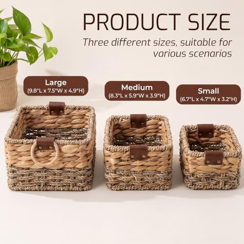 Set of 3 Wicker Basket Natural Seagrass Hyacinth Nesting Storage Baskets with Handles for Organizing Shelves Closet Pantry Living Room Decorative Woven Baskets