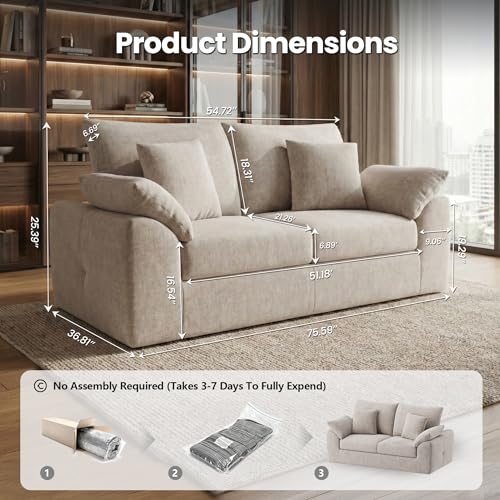 MALOL 75.6" Cloud Boneless Sofa, Loveseat Couches with 4 Pillows, Modern Living Room 2 Seater Sofa for Small Space, Apartment, No Assembly, Camel - color: New Camel, size: 75.6"