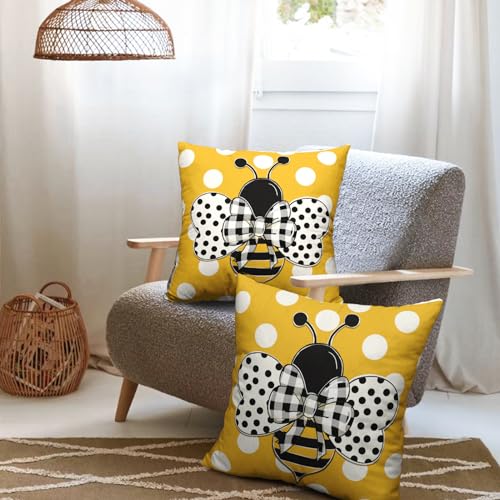 Summer Pillowcase 16x16 Set of 2 Yellow Honey Bee Polka Dots Holiday Throw Pillow Covers Bumblebee Outdoor Decorative Linen Cushion Covers for Farmhouse Couch Sofa Living Room Decor - color: Bee Pillow Covers - A11-10, size: 16" x 16" (Pack of 2)