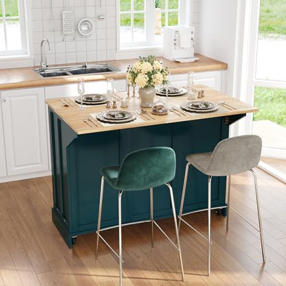 HLR Kitchen Island with Drop Leaf & Storage, Solid Rubber Wood Top Rolling Kitchen Cart with Carved Recessed Panel Doors, Large Mobile Island Table on Wheels for Kitchen, Dining Room (Green) - color: Green