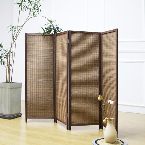 4 Panel Short Room Divider Screen,Brown Freestanding Partition,Small Bamboo Panel Divider for Room Seperation,3.95 FT Tall - color: Brown, size: 4 Panel