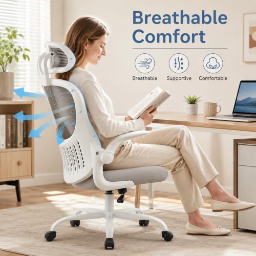 Grey Ergonomic Office Chair, High Back Mesh Desk Chair with Adjustable Headrest Lumbar Support, Computer Chairs with Flip-up Armrests and Thickened Cushion for Adults Home Office, 360° Swivel - color: Grey With Headrest