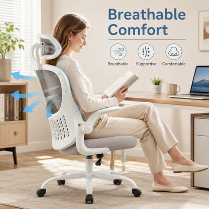 Grey Ergonomic Office Chair, High Back Mesh Desk Chair with Adjustable Headrest Lumbar Support, Computer Chairs with Flip-up Armrests and Thickened Cushion for Adults Home Office, 360° Swivel - color: Grey With Headrest