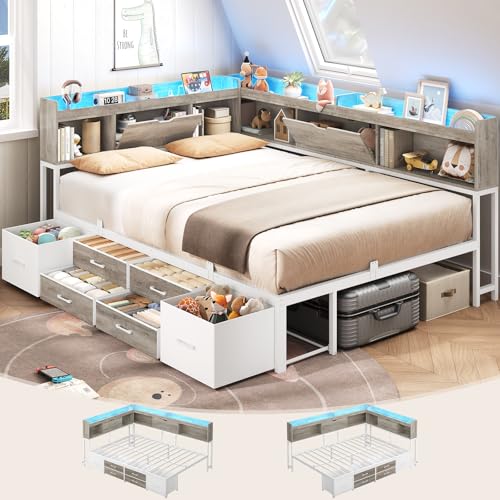 AOGLLATI Full Size Corner Bed Frame with 6 Storage Drawers and Bookcase Hidden Headboard, Full Bed Frame Metal Platform Daybed with Charging Station and LED Lights for Kids Teens, Grey - color: Grey, size: Full