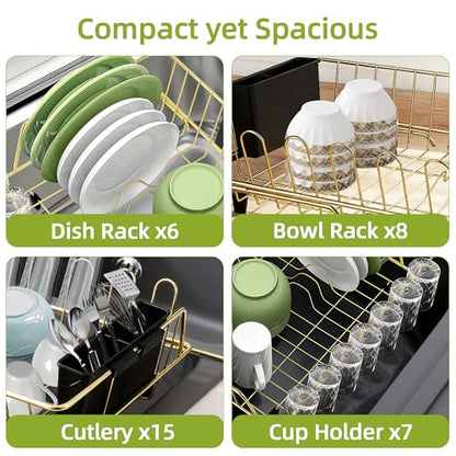 Dish Drying Rack-Large Stainless Steel Dish Drainer Over The Sink for Kitchen Countertop with Utensil Holder and Silicone Drying Mat(Gold, in Sink, 24.2'*13.2') - color: Gold, size: In sink,Extra Large
