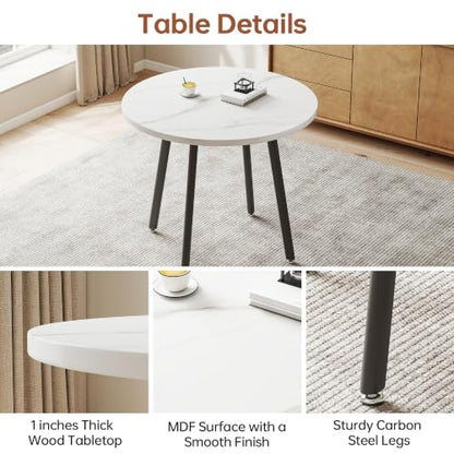 Modern White Round 4-Piece Dining Set, 31.49" Marble Stone Texture Wood Tabletop, PU Leather Foam Padded Chairs, Carbon Steel Leg Small Apartment Breakroom Dinette