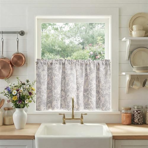 jinchan Floral Kitchen Curtains for Windows 24 Inch Grey Linen Lined Tier Farmhouse Cafe Curtains Country Botanic Small Window Rod Pocket Rustic Flax for Laundry Bathroom RV 2 Panels Gray on Beige - color: Lined Gray on Beige, size: 25"W x 24"L (Pack of 2