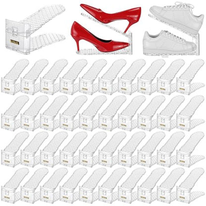 Briwooody 40 Pack Clear Shoe Slot Organizer, 2-Level Adjustable Shoe Stacker for Closet Organization, Plastic Shoes Space Saver Rack Holder for Sneakers, Heels, Flats and Slippers