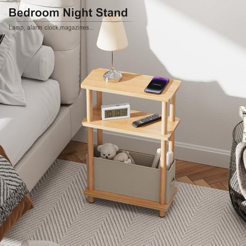 Apicizon Narrow Side Table with Fabric Basket, 3-Tier End Table, Natural | Sofa Side Table, Wood Storage Shelf, Slim Nightstand, Skinny Bedside Table for Narrow Spaces, Living Room, Bedroom - color: Natural, style: Narrow Side Table with Basket