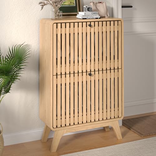 Jluomei Narrow Shoe Cabinet Storage for Entryway, Modern Cabinet Rack with 2 Flip Drawers, Slim Wood Fluted Entry Way Shoe Organizer, Wooden, Small, Farmhouse, Freestanding, Natural Oak - color: Natural
