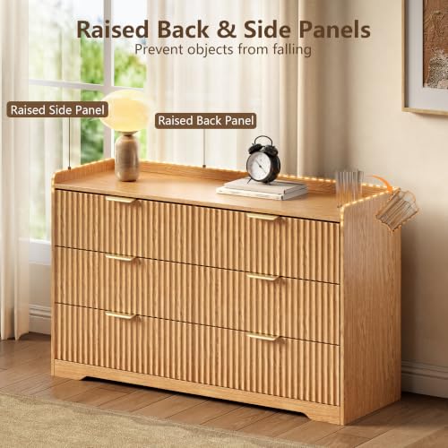 Fluted 9 Drawer Bedroom Dressers Set of 2, 47"W x 26"H, Natural Oak | Modern horizontal chests of drawers with TV stand tops, metal handles, smooth-gliding drawers and anti-tip kits - size: 9D + 9D