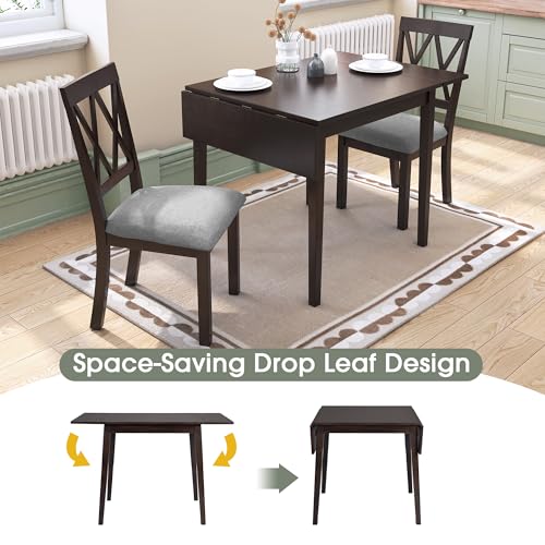 Merax Farmhouse Wooden Dining Set of 3, 45.6 inch Extendable Kitchen Table with Drop Leaf, 2 Chairs with Backrest for Small Space, Easy Assemble Espresso