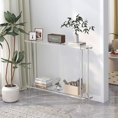 Acrylic Console Table 7.8" D x 39.4" W x 31.2" H, Narrow Console Table, Skinny Entryway Table for Sofa, Foyer, Hallway, Living Room, Modern, 2-Tier, Clear