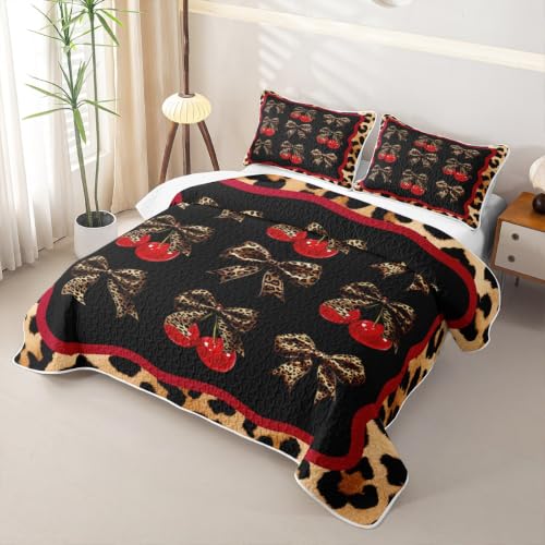 Chic Leopard Bowknot Kids Quilt Set King Size,Cute Cherry Fruits Quilted Bedspread,Leopard Print Quilted Coverlet with 2 Pillow Sham,Black Red Bed Covers for All Season - color: Black Red, size: King