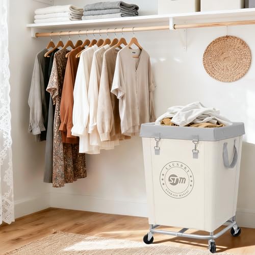 STORAGE MANIAC Commercial Laundry Hamper with Heavy Duty Steel Frame, 160 L Industrial Clothes Basket Cart with Wheels for Big Family, Home, Hotel, Laundry Room, 18''L x 18''W x 31''H, Medium Beige - color: Beige, size: Medium