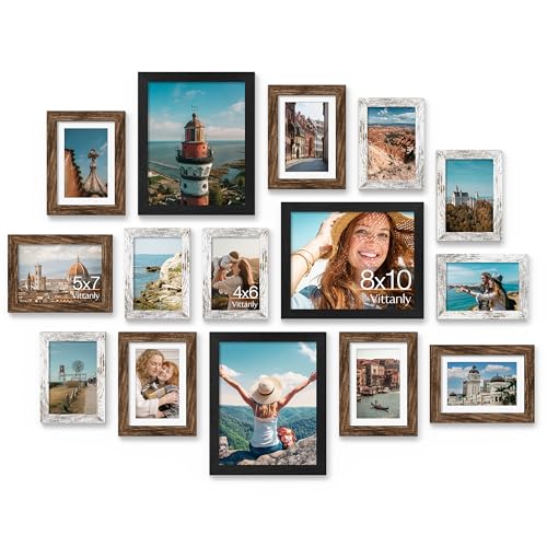 Vittanly 15 Pack Gallery Wall Frame Set, Black, Brown, Distressed White | Picture Frames Collage Wall Decor: 3pcs 8x10, 6pcs 5x7, 6pcs 4x6. Picture Frame Set for Wall or Tabletop Display - color: Black & Brown & Distressed White