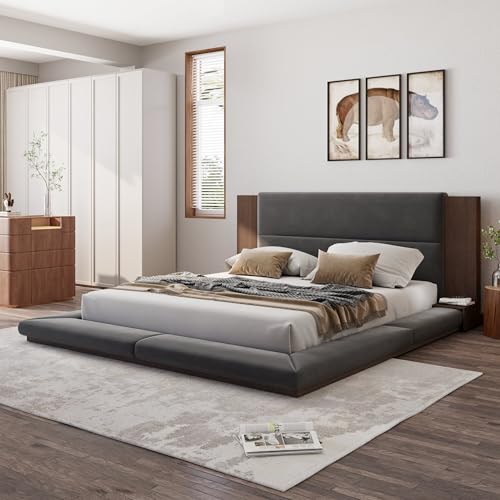 Velvet Upholstered Floor Platform Bed with Extended Wood Headboard & Bedside Shelves - No Box Spring Needed, Low Profile Bed Frame with Storage Space, Gray (King)