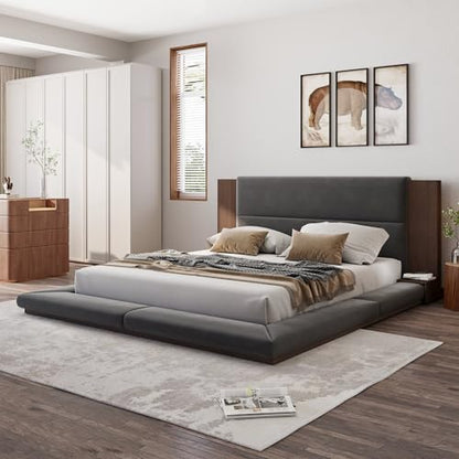 Velvet Upholstered Floor Platform Bed with Extended Wood Headboard & Bedside Shelves - No Box Spring Needed, Low Profile Bed Frame with Storage Space, Gray (King)